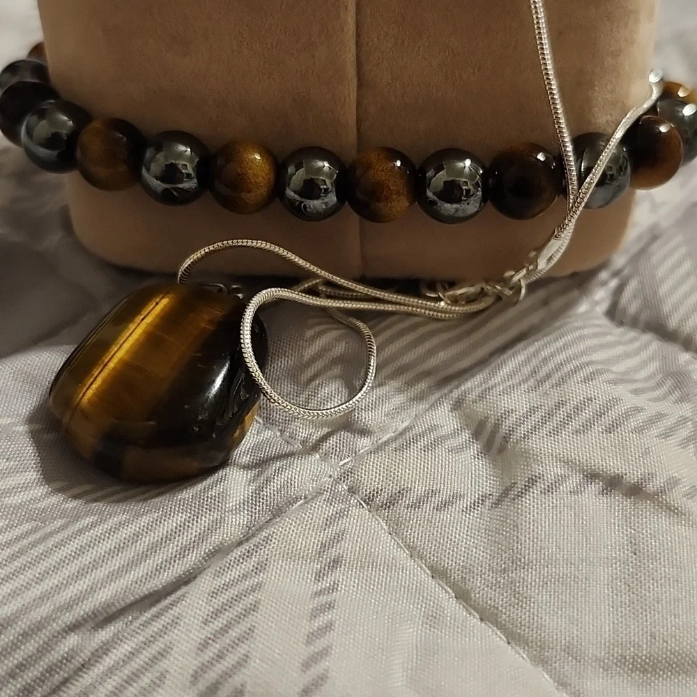 2pc .925 Silvery Chain W- Natural Tiger's Eye Quartz Pendant & Handmade Bracelet